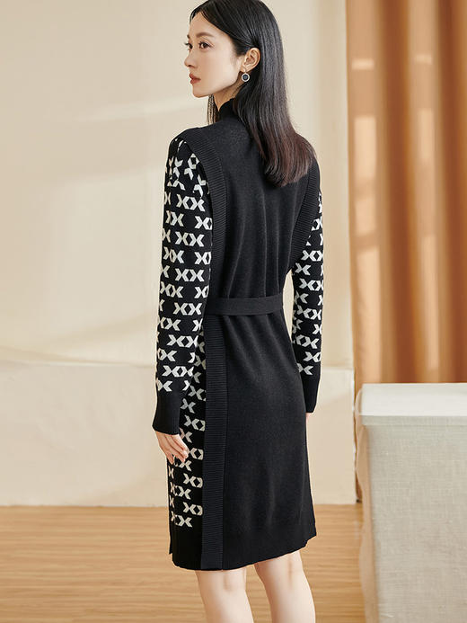 剩S/M/XL 米思阳2026春季新款时尚设计感连衣裙拼接几何长袖绑带一步裙2510 商品图2