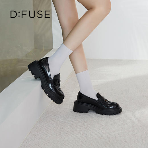 D:FUSE迪芙斯秋季新款单鞋女乐福鞋牛皮圆头编织经典厚底鞋女DF33112120 商品图2