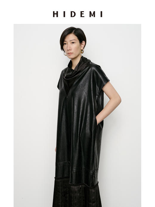 HIDEMI 极简设计感拼接缎面环保皮堆堆领百褶连体裙皮裙 商品图12