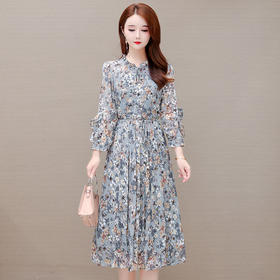 QYMCR-CS21A35-L 中长款印花收腰时尚连衣裙2023年春款圆领长袖通勤优雅打底裙
