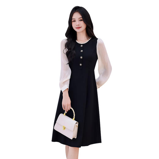 奢姿2025秋季法式赫本风气质简约花边圆领撞色长袖收腰连衣裙9933852608 商品图4