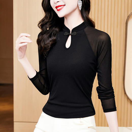 修身显瘦，古典中式黑色长袖网纱打底衫夏新款百搭t恤女上衣KQL-E37M2667 商品图2