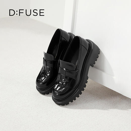 D:FUSE迪芙斯秋季新款单鞋女乐福鞋牛皮圆头编织经典厚底鞋女DF33112120 商品图4