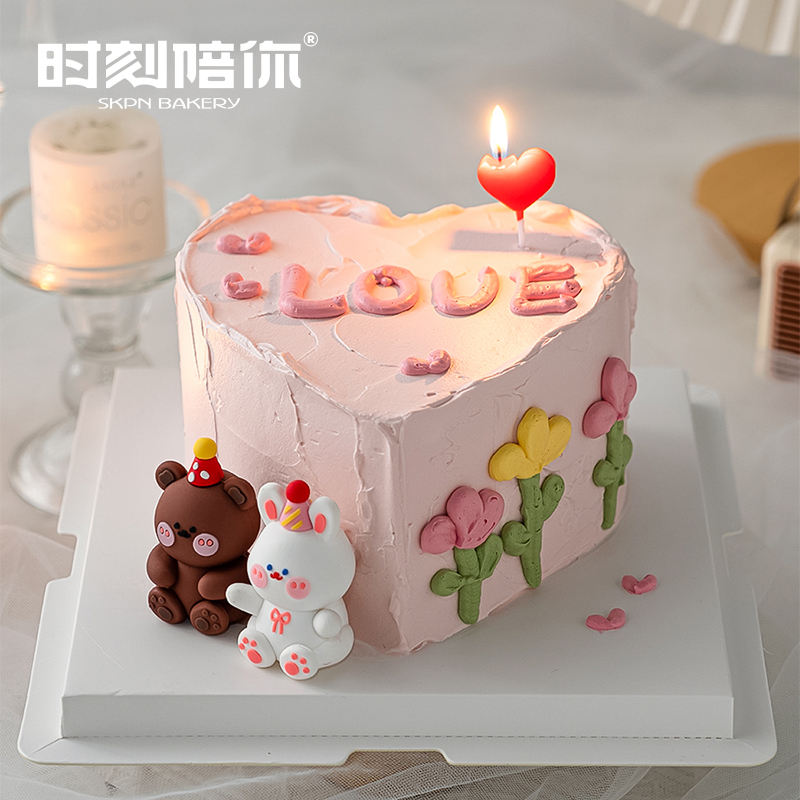 【七夕专属】ins风情侣熊兔心形生日蛋糕