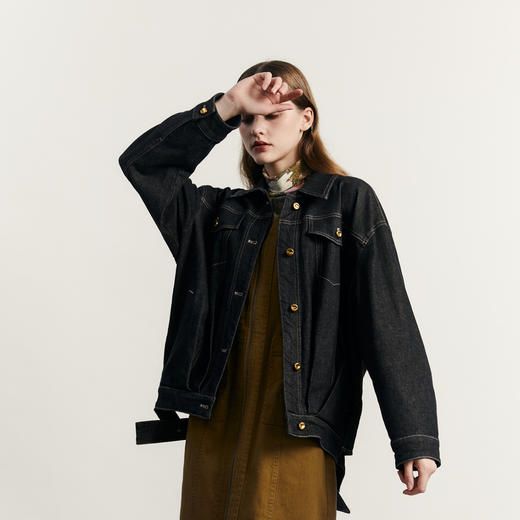 谜底牛仔外套女2023秋新款复古时尚后背绣花中长款长袖233MW1146 商品图1