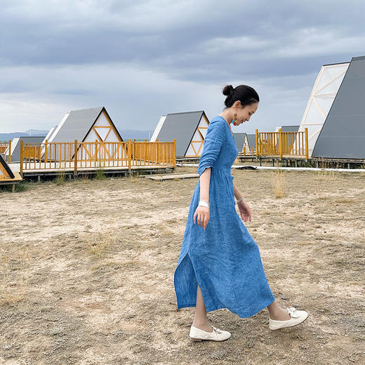 预售7-10天|一姐私服原创 定制汉麻、色织亚麻 法式V领短袖优雅连衣裙 商品图9