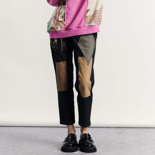 谜底绣花牛仔裤女2023秋新款复古拼接合体萝卜裤九分裤233MK1155 商品图1