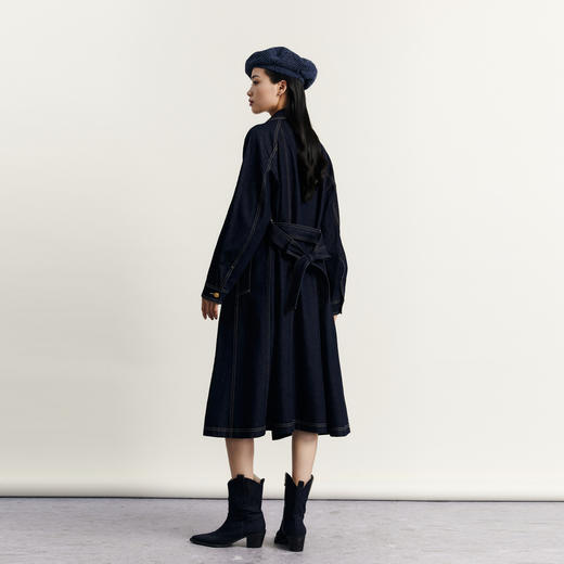 谜底丹宁风牛仔风衣女2023秋季新款翻驳领双排扣长外套233ME1074 商品图2