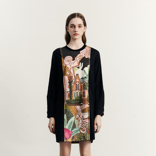 谜底连衣裙长袖女2023秋新款复古原创印花拼接感中长裙233ML1132 商品图0