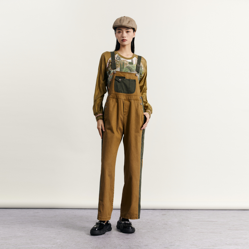 谜底背带裤女2023秋新款复古拼接设计感宽松休闲裤长裤233MK1130