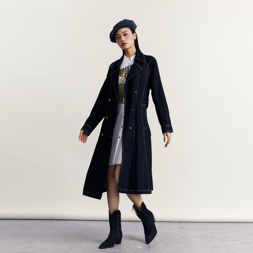 谜底丹宁风牛仔风衣女2023秋季新款翻驳领双排扣长外套233ME1074 商品图1
