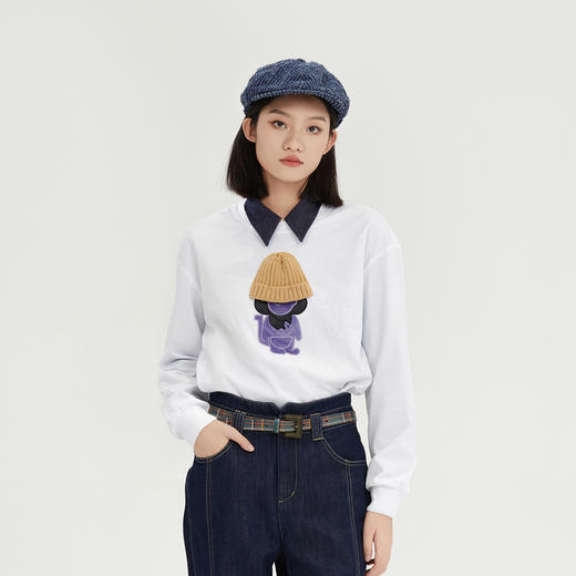 谜底毛巾绣圆领T恤长袖女2023秋季新款时尚百搭绣花卫衣239MV7340 商品图0