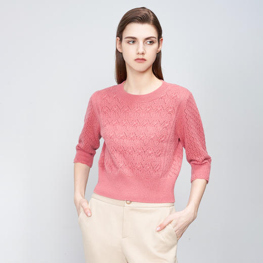 【七分袖镂空羊绒衫】羊绒世家23年秋冬新品女士100%山羊绒圆领针织套衫 商品图2
