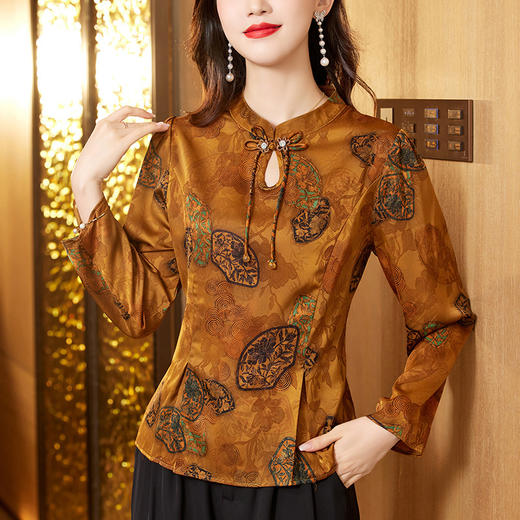 SMZ9634复古文艺新中式盘扣长袖衬衫妈妈秋装2023新款收腰小立领气质衬衣 商品图5