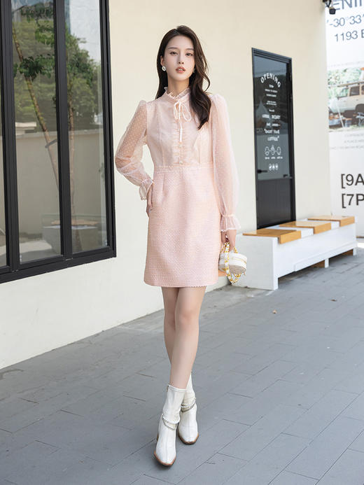 【Lucidy鲁思蒂】B4F丨粉色长袖连衣裙2023新款女春秋泡泡袖气质显瘦裙子(货号:LQ08BE38642) 商品图2