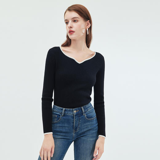 EITIE/爱特爱包边鸡心领坑条纹显瘦舒适软糯羊毛针织衫秋季新款C01228 商品图7