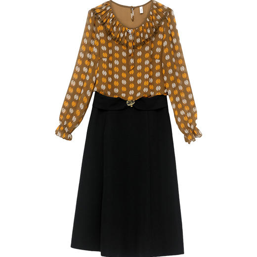 QYMXQD-53A2305-L  印花中长款假两件修身时尚A字裙23年秋款圆领长袖气质通勤连衣裙 商品图4