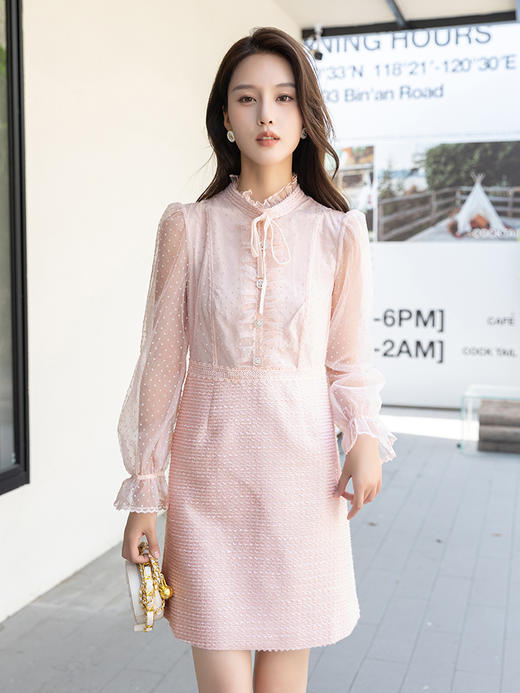 【Lucidy鲁思蒂】B4F丨粉色长袖连衣裙2023新款女春秋泡泡袖气质显瘦裙子(货号:LQ08BE38642) 商品图0