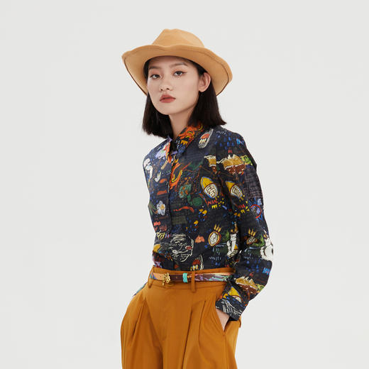 谜底花色衬衫长袖女2023秋季新款复古百搭修身纯棉衬衣239MC7319 商品图3