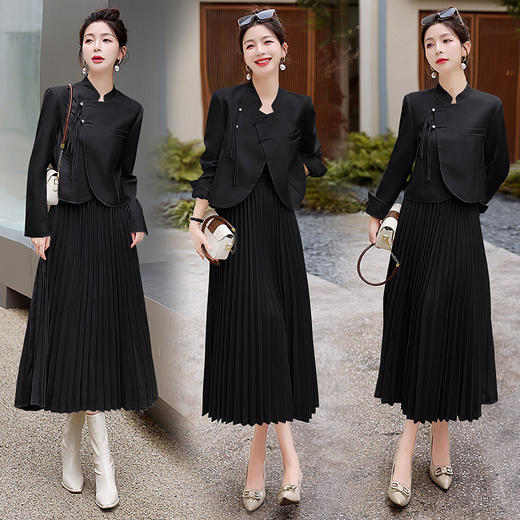 秋季新款，复古气质立领短款外套百褶裙半裙套装HR-MJA3255 商品图1
