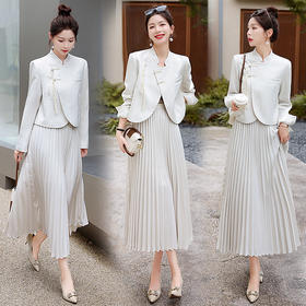 秋季新款，复古气质立领短款外套百褶裙半裙套装HR-MJA3255