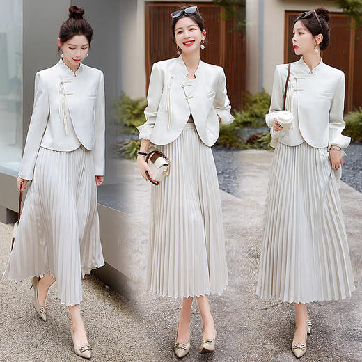 秋季新款，复古气质立领短款外套百褶裙半裙套装HR-MJA3255 商品图0