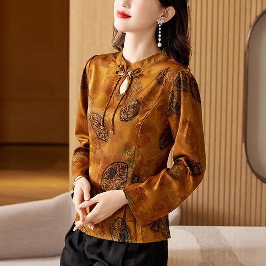 SMZ9634复古文艺新中式盘扣长袖衬衫妈妈秋装2023新款收腰小立领气质衬衣 商品图3