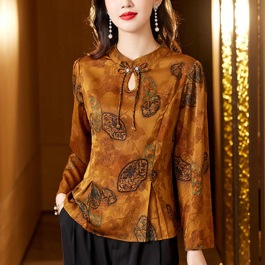 SMZ9634复古文艺新中式盘扣长袖衬衫妈妈秋装2023新款收腰小立领气质衬衣 商品图1