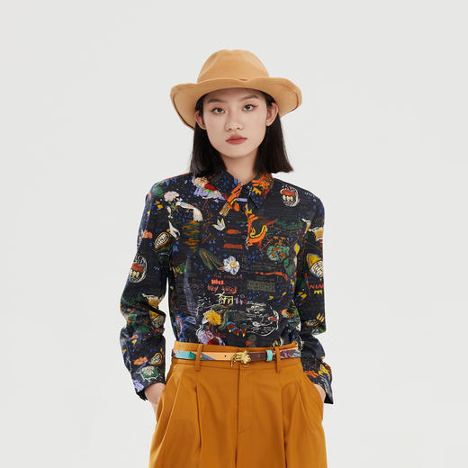 谜底花色衬衫长袖女2023秋季新款复古百搭修身纯棉衬衣239MC7319 商品图0