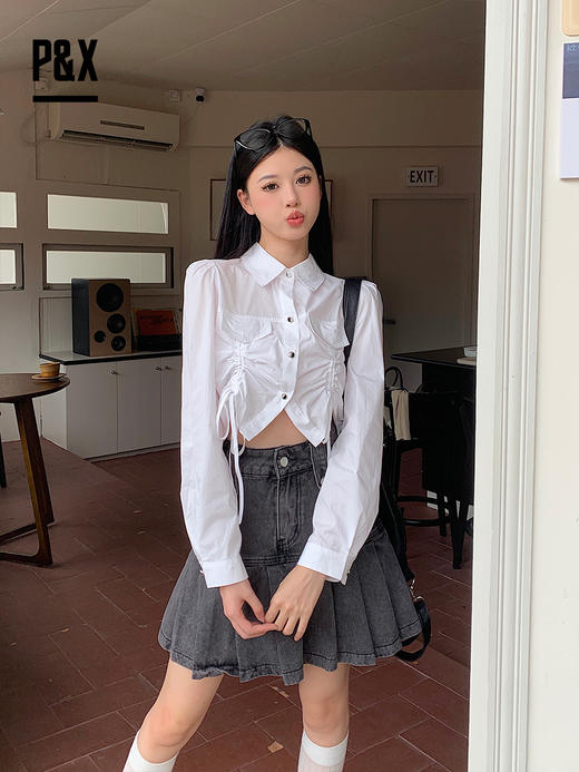 P&X设计师女装2023秋季新款 短款衬衫女长袖 823305491B 白色 商品图4