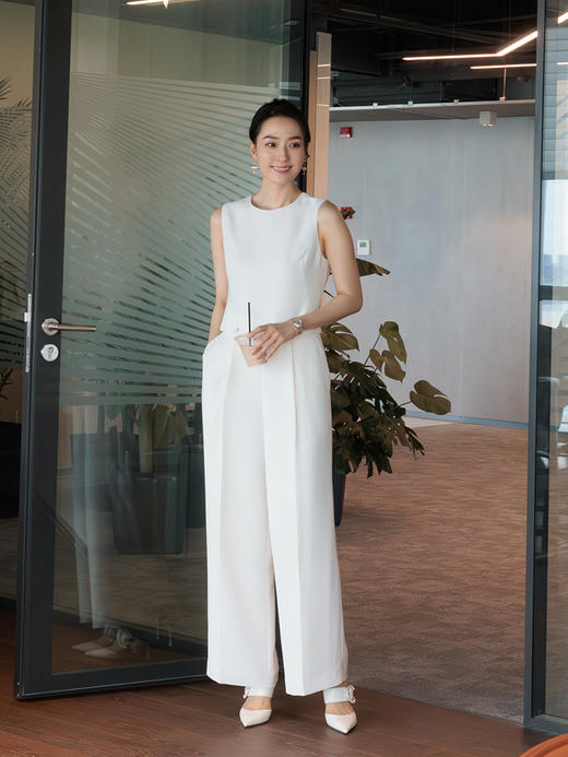 “三年之约” 简约 可拆卸 白色 无袖阔腿连体裤 商品图0