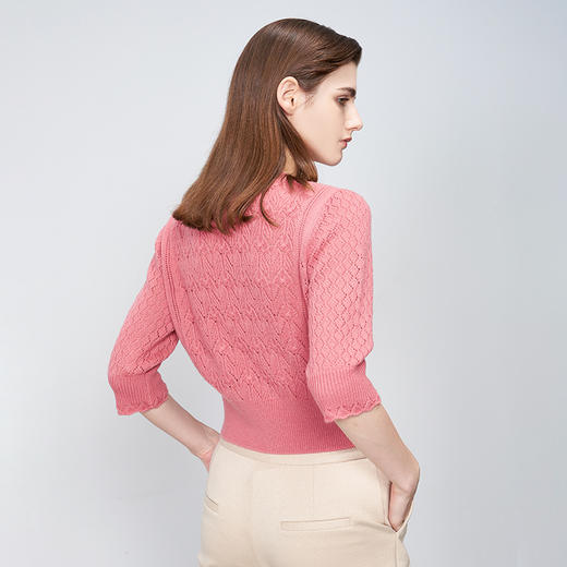【七分袖镂空羊绒衫】羊绒世家23年秋冬新品女士100%山羊绒圆领针织套衫 商品图1