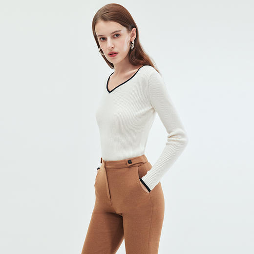 EITIE/爱特爱包边鸡心领坑条纹显瘦舒适软糯羊毛针织衫秋季新款C01228 商品图2