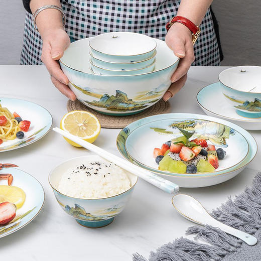 德铂Debo 绿水青山餐具套装 DEP-767 陶瓷碟碗勺盘32件套 商品图7