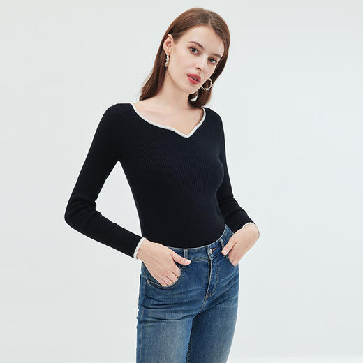 EITIE/爱特爱包边鸡心领坑条纹显瘦舒适软糯羊毛针织衫秋季新款C01228 商品图8