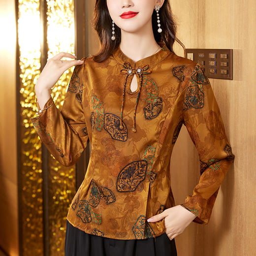 SMZ9634复古文艺新中式盘扣长袖衬衫妈妈秋装2023新款收腰小立领气质衬衣 商品图0