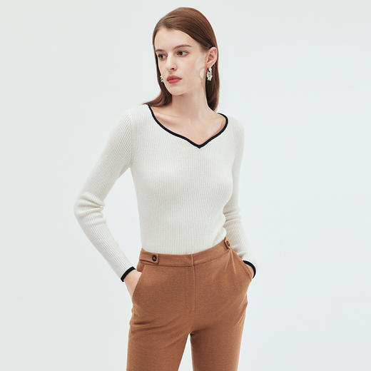 EITIE/爱特爱包边鸡心领坑条纹显瘦舒适软糯羊毛针织衫秋季新款C01228 商品图4