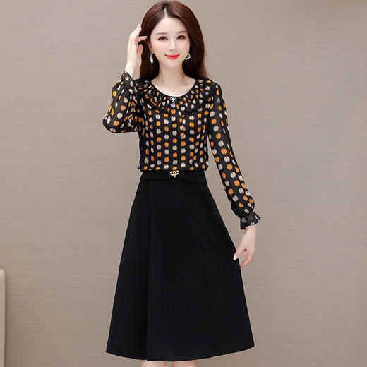 QYMXQD-53A2305-L  印花中长款假两件修身时尚A字裙23年秋款圆领长袖气质通勤连衣裙 商品图1