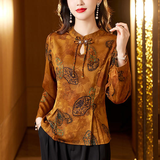 SMZ9634复古文艺新中式盘扣长袖衬衫妈妈秋装2023新款收腰小立领气质衬衣 商品图2