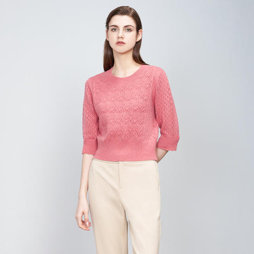 【七分袖镂空羊绒衫】羊绒世家23年秋冬新品女士100%山羊绒圆领针织套衫 商品图0