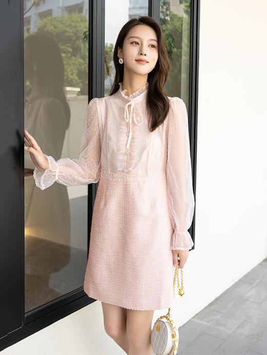 【Lucidy鲁思蒂】B4F丨粉色长袖连衣裙2023新款女春秋泡泡袖气质显瘦裙子(货号:LQ08BE38642) 商品图1