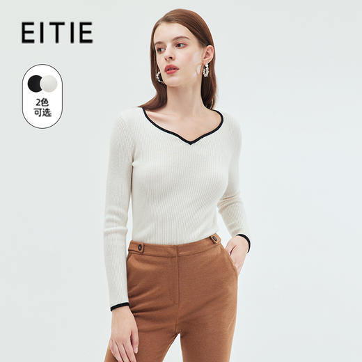 EITIE/爱特爱包边鸡心领坑条纹显瘦舒适软糯羊毛针织衫秋季新款C01228 商品图1
