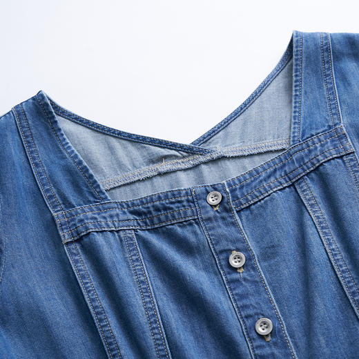 谜底牛仔连衣裙女2023夏复古渐变色方领显瘦中长裙短款232ML0606 商品图3