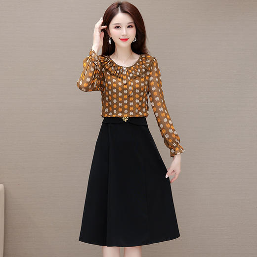 QYMXQD-53A2305-L  印花中长款假两件修身时尚A字裙23年秋款圆领长袖气质通勤连衣裙 商品图0