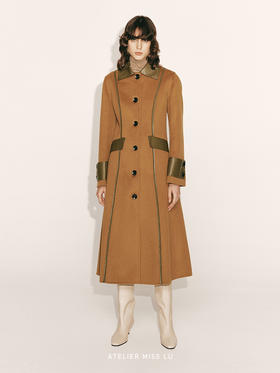 【唐顿庄园】环保皮质拼接收腰A字绵羊毛大衣230000034A