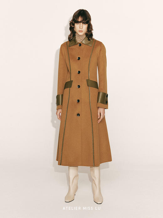 【唐顿庄园】环保皮质拼接收腰A字绵羊毛大衣230000034A 商品图0