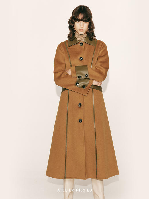 【唐顿庄园】环保皮质拼接收腰A字绵羊毛大衣230000034A 商品图2