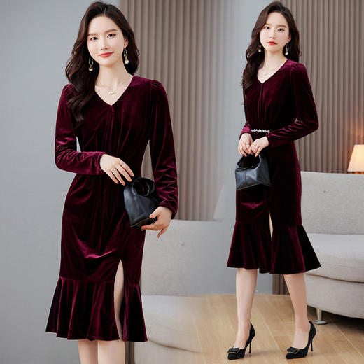 秋装新款，金丝绒修身鱼尾连衣裙HR-LMYS637 商品图3