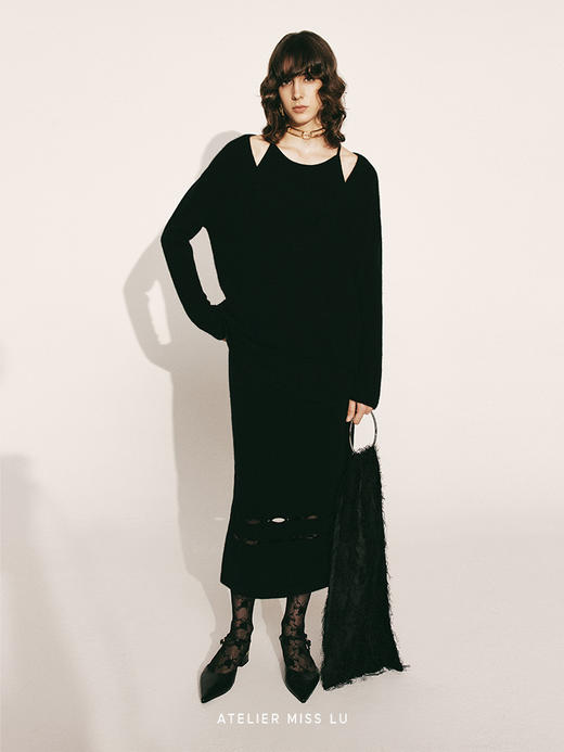 【夜下捕梦】下摆镂空设计羊绒吊带连衣裙230000025A 商品图2