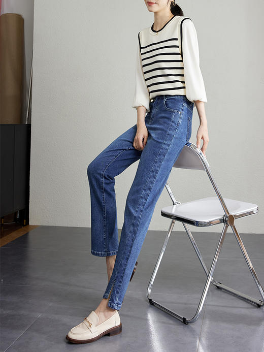 【专属特惠】熙世界开叉小直筒牛仔裤女2025年秋季新款高腰显瘦小个子烟管裤子 商品图3